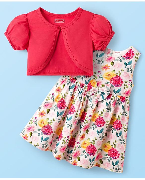 Babyhug 100% Cotton Woven Half Sleeves Floral Printed Frock With Shrug - Multicolour