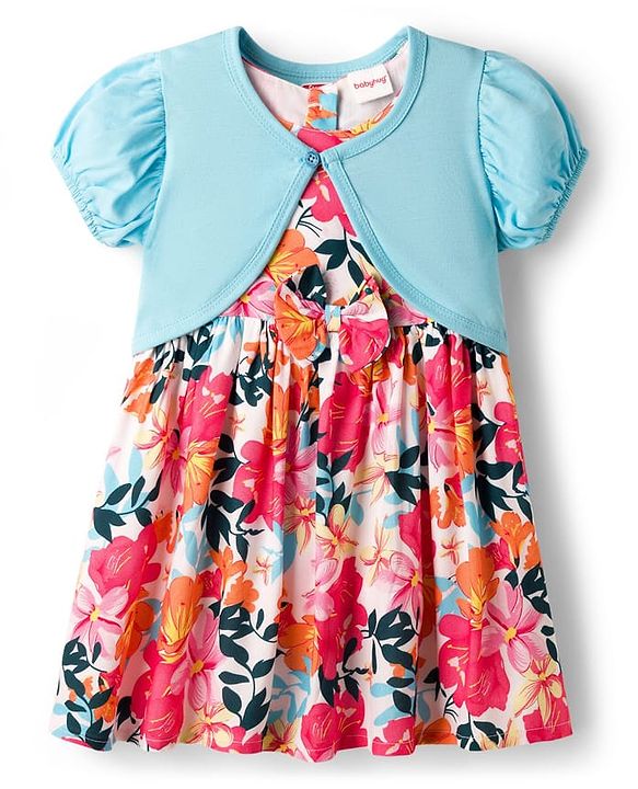 Babyhug 100% Cotton Woven Half Sleeves Floral Printed Frock With Shrug - Multicolour