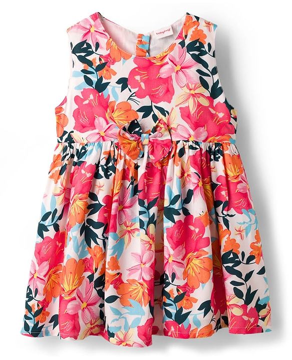 Babyhug 100% Cotton Woven Half Sleeves Floral Printed Frock With Shrug - Multicolour