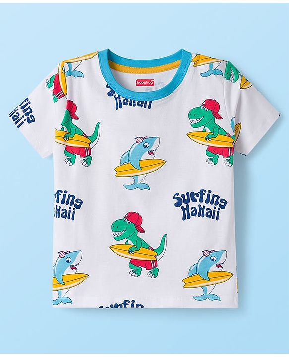 Babyhug 100% Cotton Knit Half Sleeves Animal Beach Theme Printed & Striped T-Shirts Pack Of 3 - Multicolour