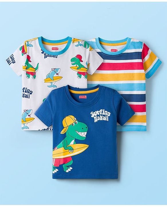 Babyhug 100% Cotton Knit Half Sleeves Animal Beach Theme Printed & Striped T-Shirts Pack Of 3 - Multicolour