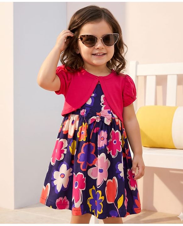 Babyhug 100% Cotton Woven Half Sleeves Floral Printed Frock With Shrug - Multicolour