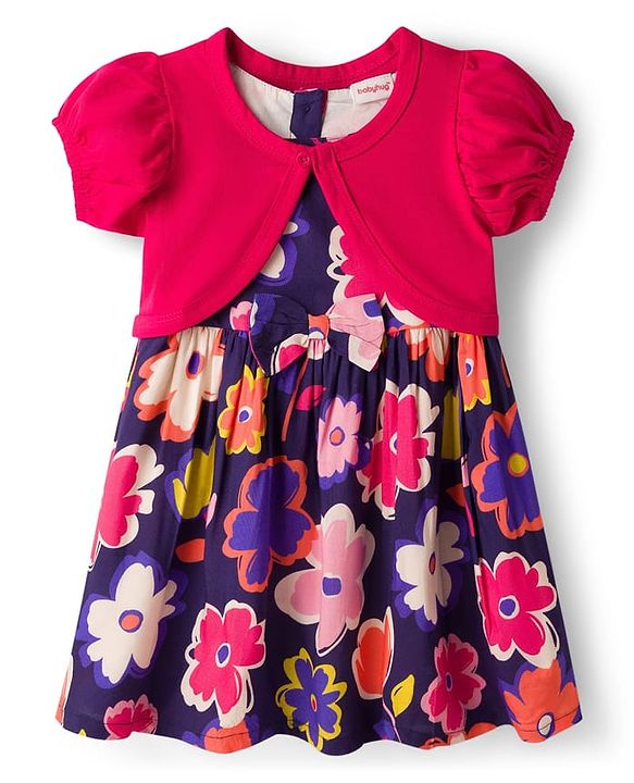 Babyhug 100% Cotton Woven Half Sleeves Floral Printed Frock With Shrug - Multicolour