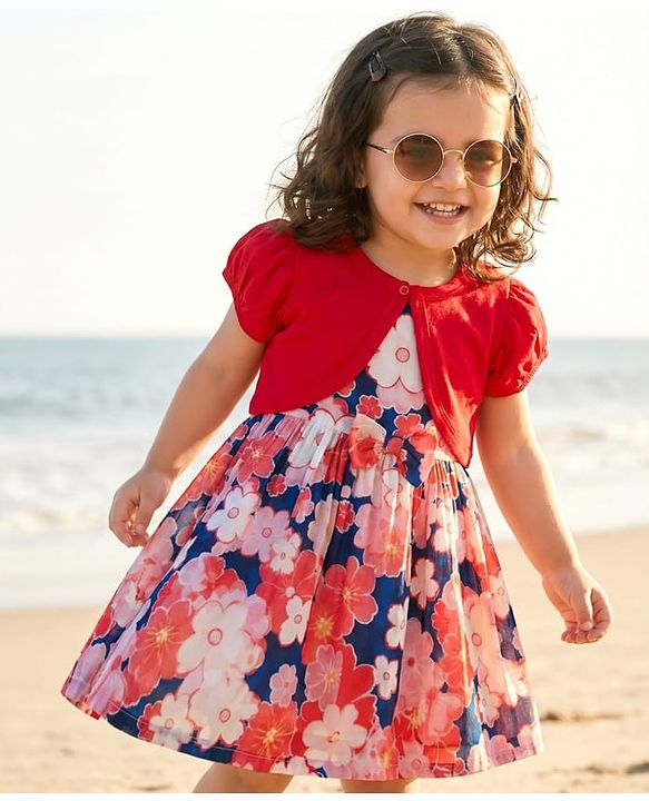 Babyhug 100% Cotton Woven Half Sleeves Floral Printed Frock & Shrug - Multicolour