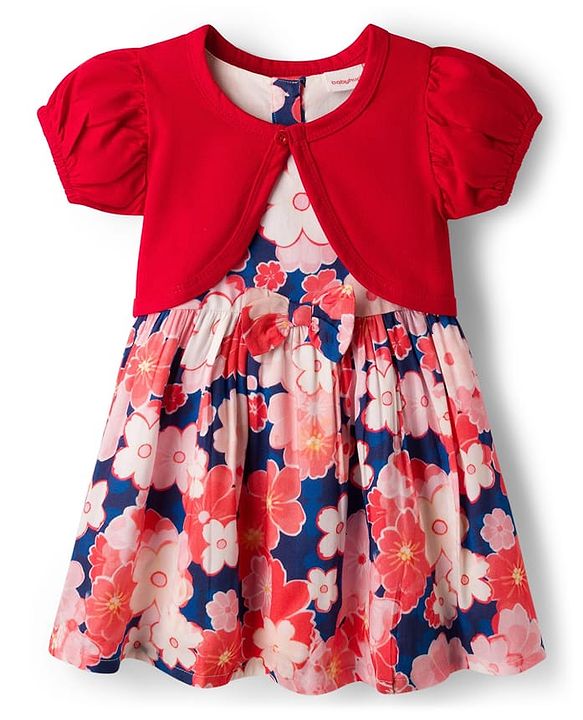 Babyhug 100% Cotton Woven Half Sleeves Floral Printed Frock & Shrug - Multicolour