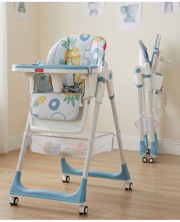 Babyhug 4 in 1 multifunctional Baby High Chair with Adjustable Backrest - Blue| Adjustable Footrest & 5 level Seat Height| Compact Fold| Swivel Wheels with Lock| Double Food Tray| Removable PU Cushion