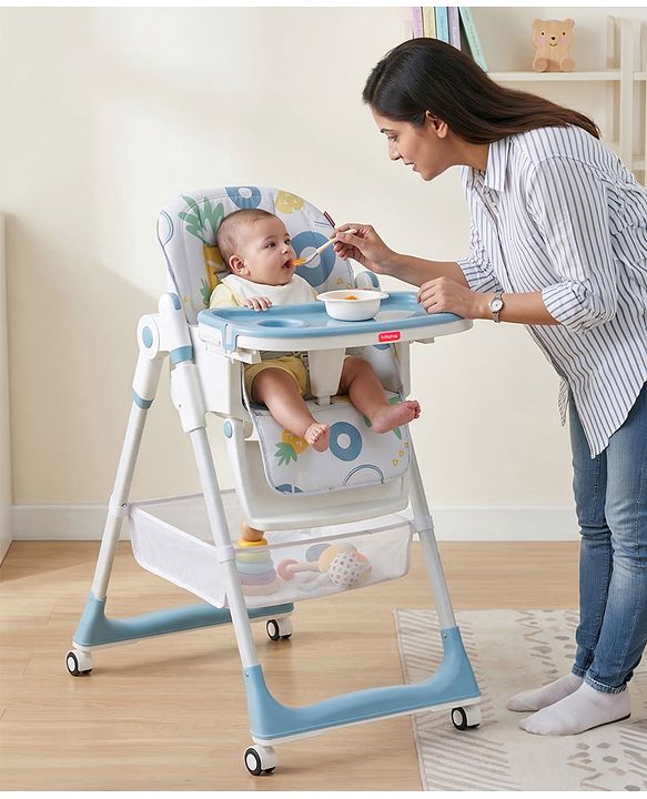 Babyhug 4 in 1 multifunctional Baby High Chair with Adjustable Backrest - Blue| Adjustable Footrest & 5 level Seat Height| Compact Fold| Swivel Wheels with Lock| Double Food Tray| Removable PU Cushion