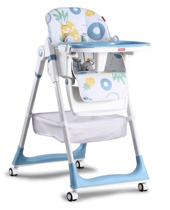 Babyhug 4 in 1 multifunctional Baby High Chair with Adjustable Backrest - Blue| Adjustable Footrest & 5 level Seat Height| Compact Fold| Swivel Wheels with Lock| Double Food Tray| Removable PU Cushion
