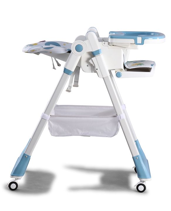 Babyhug 4 in 1 multifunctional Baby High Chair with Adjustable Backrest - Blue| Adjustable Footrest & 5 level Seat Height| Compact Fold| Swivel Wheels with Lock| Double Food Tray| Removable PU Cushion