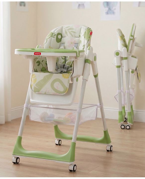 Babyhug 4 in 1 multifunctional Baby High Chair with Adjustable Backrest - Green| Adjustable Footrest & 5 level Seat Height| Compact Fold| Swivel Wheels with Lock|Double Food Tray| Removable PU Cushion