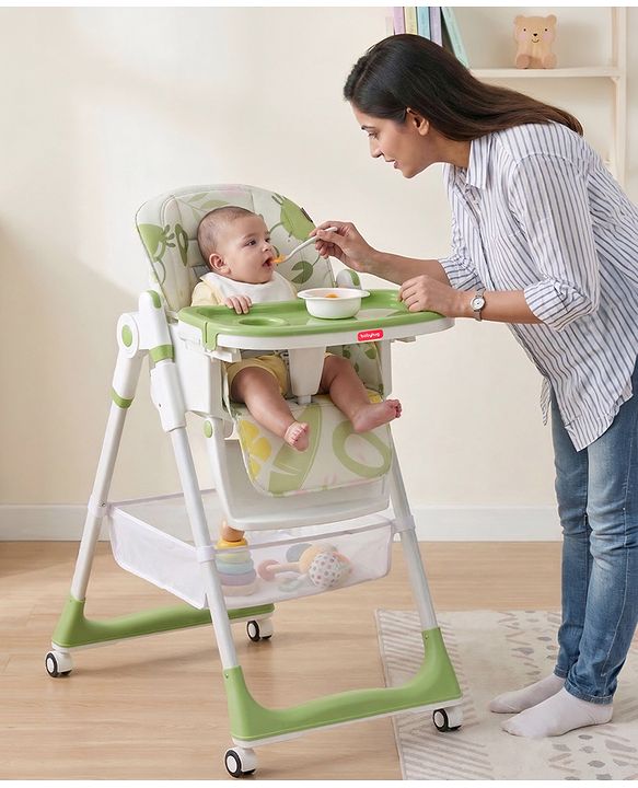 Babyhug 4 in 1 multifunctional Baby High Chair with Adjustable Backrest - Green| Adjustable Footrest & 5 level Seat Height| Compact Fold| Swivel Wheels with Lock|Double Food Tray| Removable PU Cushion
