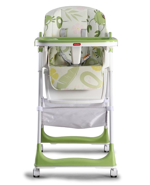 Babyhug 4 in 1 multifunctional Baby High Chair with Adjustable Backrest - Green| Adjustable Footrest & 5 level Seat Height| Compact Fold| Swivel Wheels with Lock|Double Food Tray| Removable PU Cushion