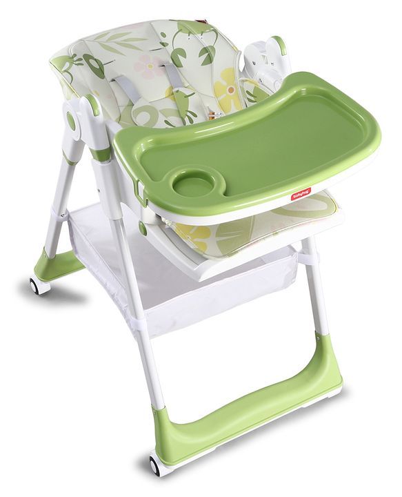 Babyhug 4 in 1 multifunctional Baby High Chair with Adjustable Backrest - Green| Adjustable Footrest & 5 level Seat Height| Compact Fold| Swivel Wheels with Lock|Double Food Tray| Removable PU Cushion