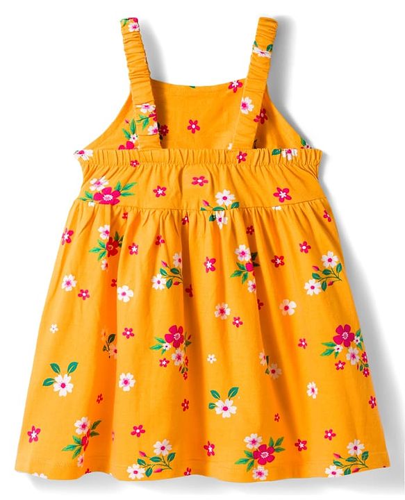 Babyhug 100% Cotton Knit Floral Printed Frock with Full Sleeves Denim Jacket - Yellow & Blue