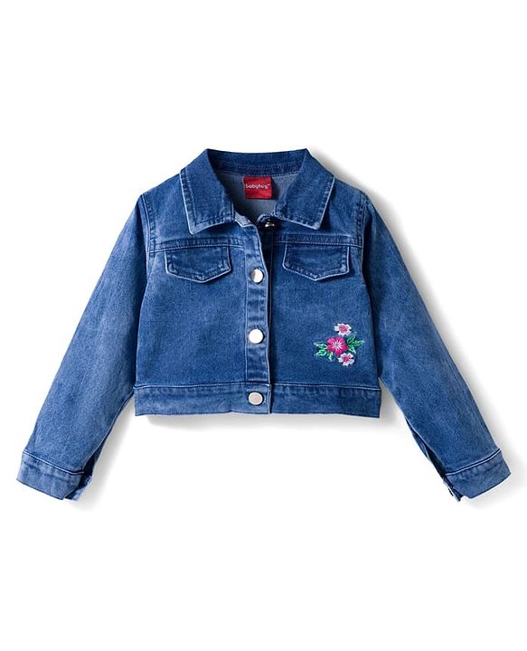 Babyhug 100% Cotton Knit Floral Printed Frock with Full Sleeves Denim Jacket - Yellow & Blue