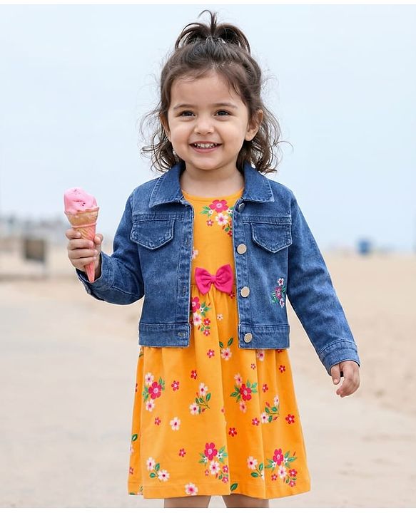 Babyhug 100% Cotton Knit Floral Printed Frock with Full Sleeves Denim Jacket - Yellow & Blue