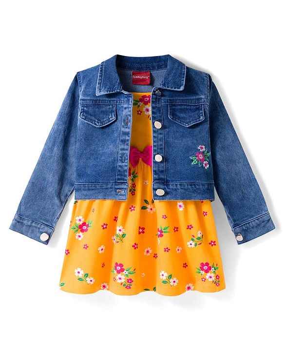 Babyhug 100% Cotton Knit Floral Printed Frock with Full Sleeves Denim Jacket - Yellow & Blue