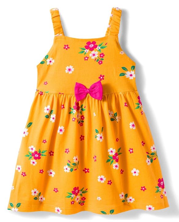 Babyhug 100% Cotton Knit Floral Printed Frock with Full Sleeves Denim Jacket - Yellow & Blue