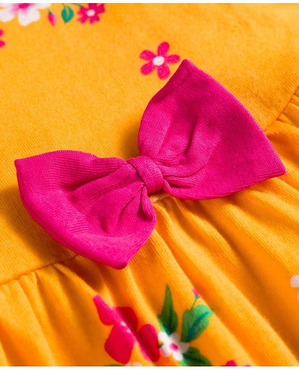Babyhug 100% Cotton Knit Floral Printed Frock with Full Sleeves Denim Jacket - Yellow & Blue