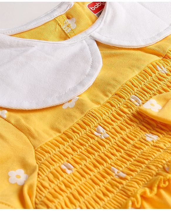 Babyhug Single Jersey Knit Half Sleeves Floral Printed Frock with Bloomer with Bow Applique - Yellow
