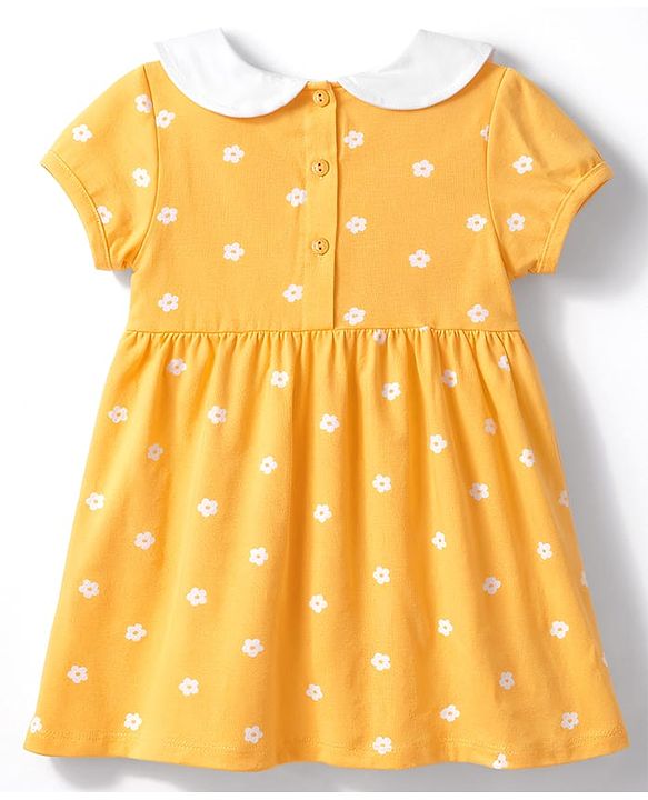 Babyhug Single Jersey Knit Half Sleeves Floral Printed Frock with Bloomer with Bow Applique - Yellow