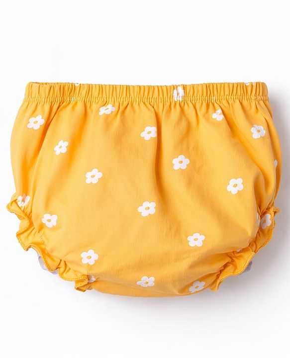 Babyhug Single Jersey Knit Half Sleeves Floral Printed Frock with Bloomer with Bow Applique - Yellow