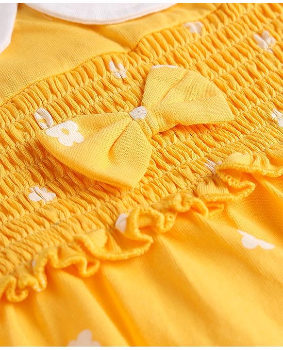 Babyhug Single Jersey Knit Half Sleeves Floral Printed Frock with Bloomer with Bow Applique - Yellow