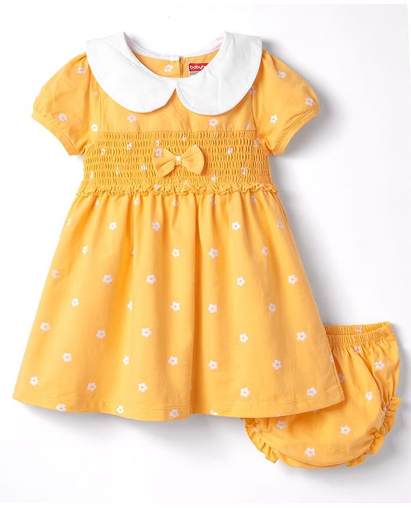 Babyhug Single Jersey Knit Half Sleeves Floral Printed Frock with Bloomer with Bow Applique - Yellow