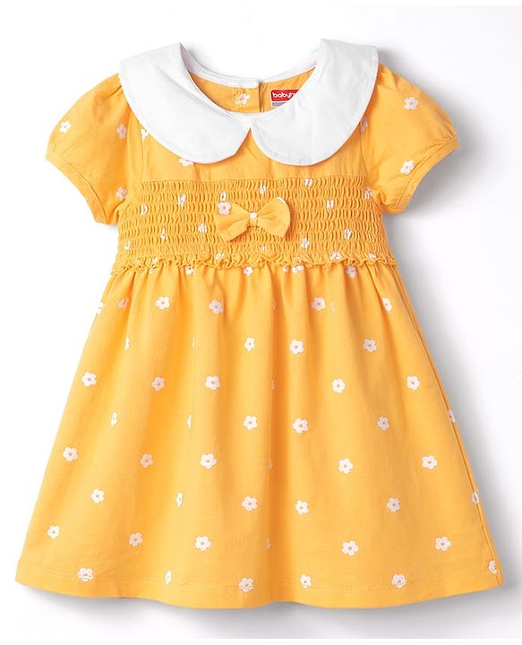 Babyhug Single Jersey Knit Half Sleeves Floral Printed Frock with Bloomer with Bow Applique - Yellow