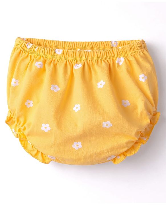 Babyhug Single Jersey Knit Half Sleeves Floral Printed Frock with Bloomer with Bow Applique - Yellow