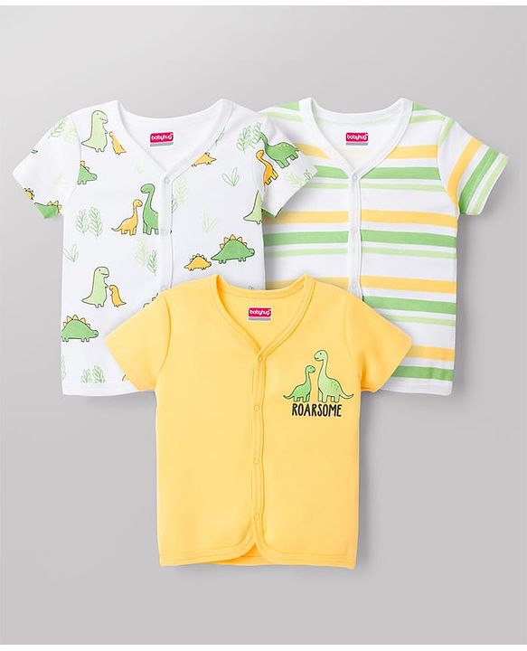 Babyhug 100% Cotton Knit Half Sleeves Striped Antibacterial Front Open Jhablas with Dino Print Pack of 3 - Multicolor
