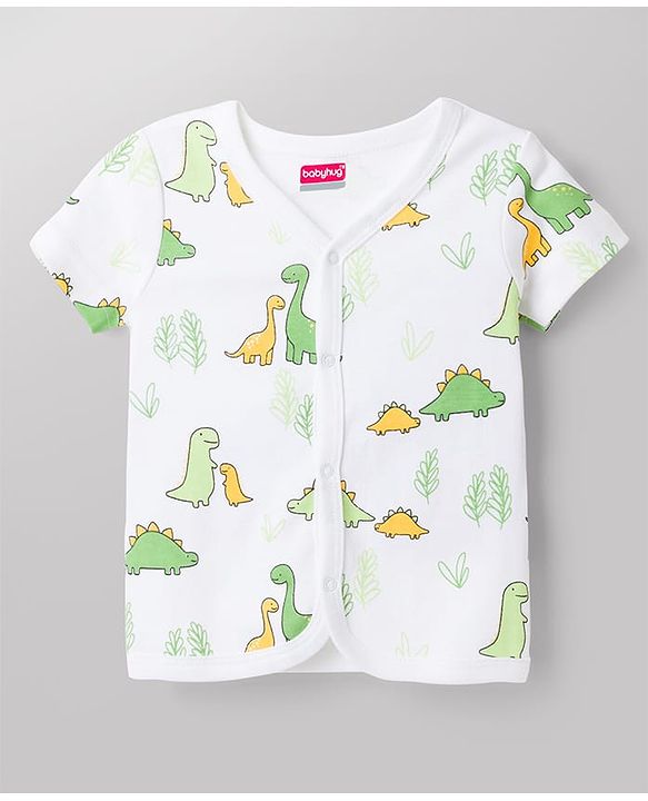 Babyhug 100% Cotton Knit Half Sleeves Striped Antibacterial Front Open Jhablas with Dino Print Pack of 3 - Multicolor
