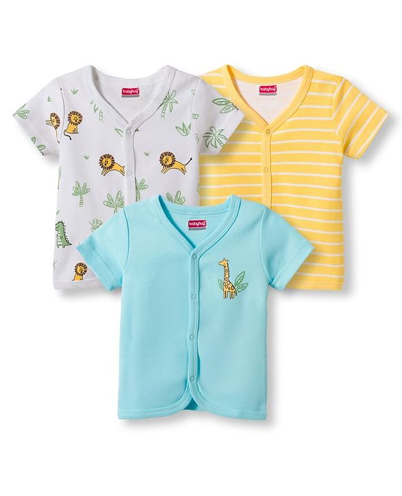 Babyhug 100% Cotton Knit Antibacterial Half Sleeves Animal Printed & Striped Jhablas Pack Of 3 - Multicolour