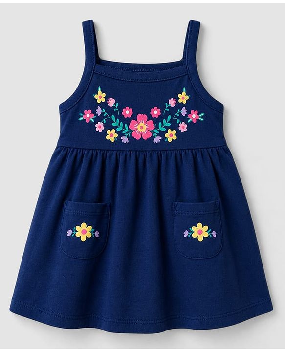 Babyhug 100% Cotton Knit Half Sleeves Floral & Polka Dots Printed Frock With Inner Tee - Navy Blue
