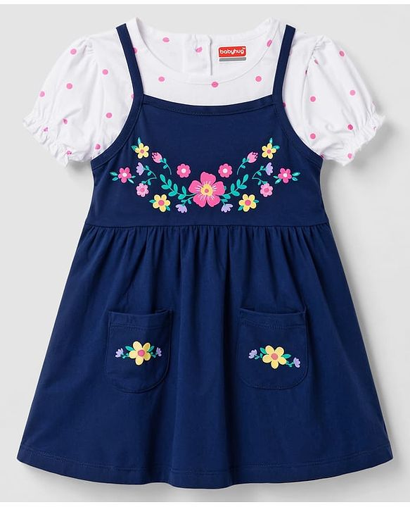 Babyhug 100% Cotton Knit Half Sleeves Floral & Polka Dots Printed Frock With Inner Tee - Navy Blue