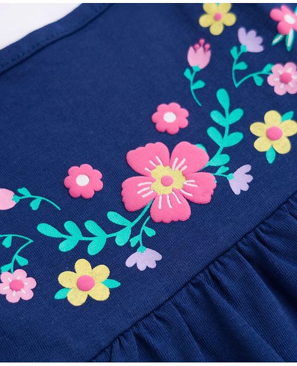 Babyhug 100% Cotton Knit Half Sleeves Floral & Polka Dots Printed Frock With Inner Tee - Navy Blue