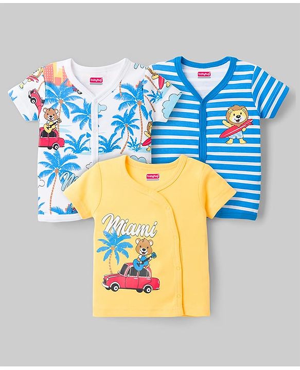 Babyhug 100% Cotton Knit Half Sleeves Striped Antibacterial Front Open Jhablas with Beach Theme Print Pack of 3 - Multicolor