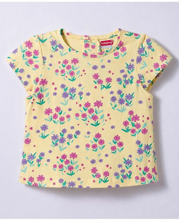 Babyhug 100% Cotton Knit Half Sleeves Floral Printed Frock With Inner Tee - Pink