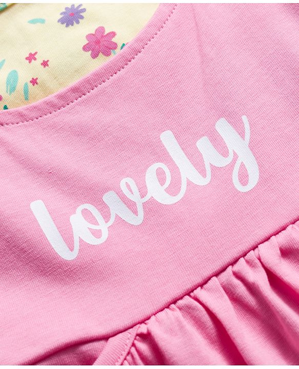 Babyhug 100% Cotton Knit Half Sleeves Floral Printed Frock With Inner Tee - Pink