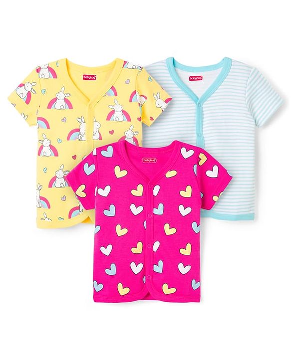 Babyhug 100% Cotton Knit Antibacterial Jhablas With Bunny Heart & Floral Print Pack of 3 - Multicolor