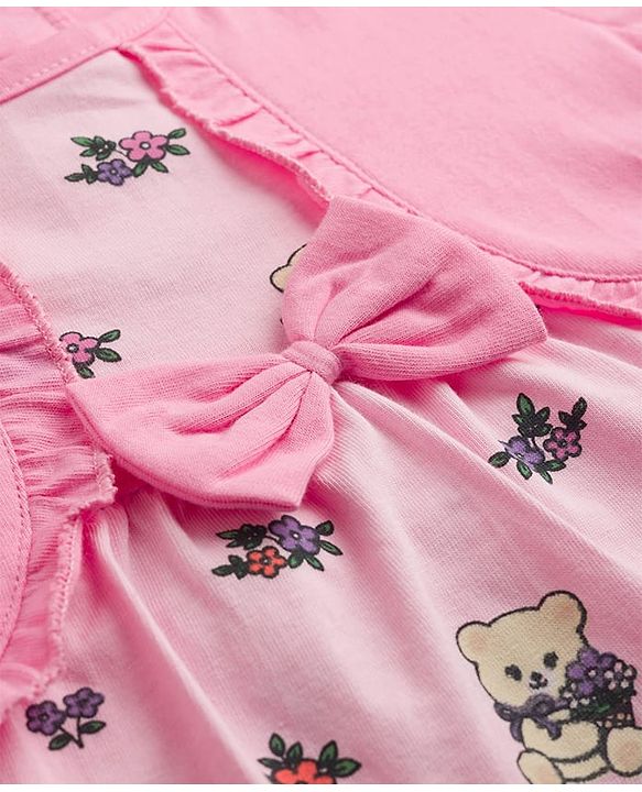 Babyhug Single Jersey Knit Half Sleeves Frock with Teddy & Floral Print & Bloomer - Pink