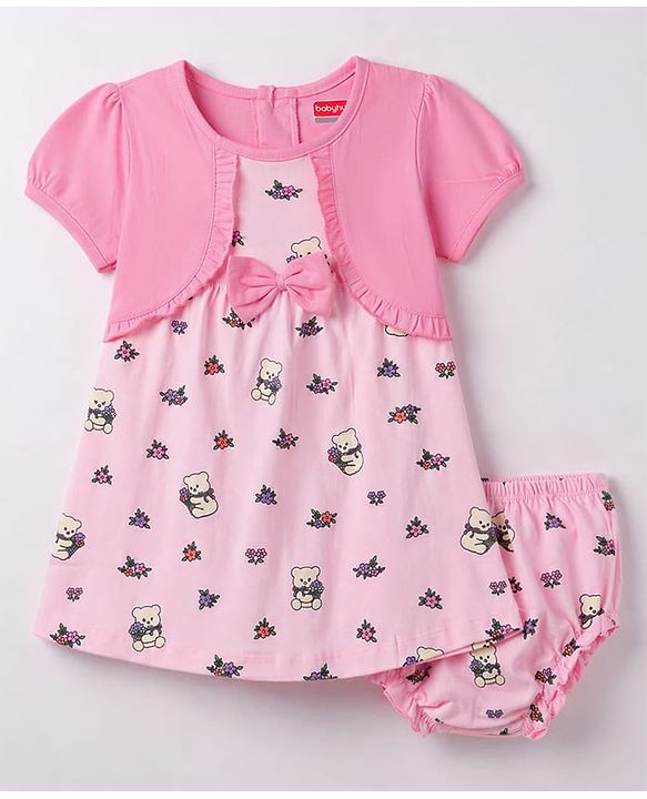 Babyhug Single Jersey Knit Half Sleeves Frock with Teddy & Floral Print & Bloomer - Pink