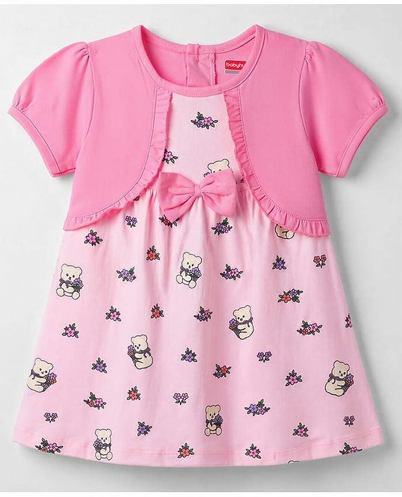 Babyhug Single Jersey Knit Half Sleeves Frock with Teddy & Floral Print & Bloomer - Pink