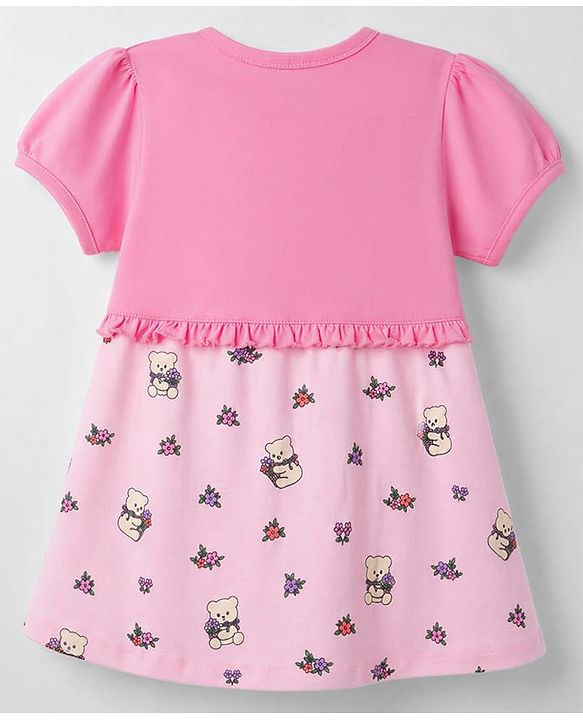 Babyhug Single Jersey Knit Half Sleeves Frock with Teddy & Floral Print & Bloomer - Pink