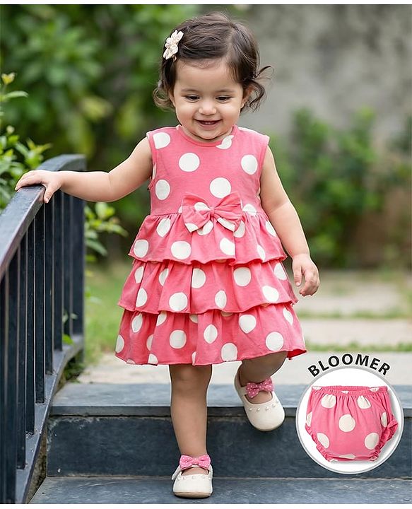 Babyhug Cotton Knit Sleeveless Layered Polka Dot Printed Frock with Bloomer - Pink