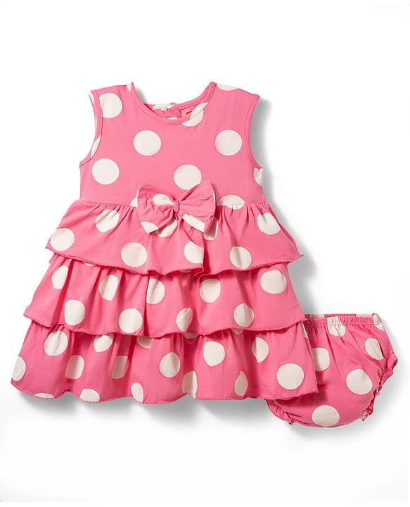 Babyhug Cotton Knit Sleeveless Layered Polka Dot Printed Frock with Bloomer - Pink