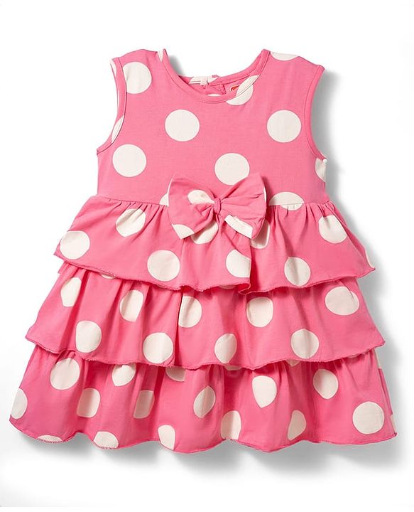 Babyhug Cotton Knit Sleeveless Layered Polka Dot Printed Frock with Bloomer - Pink