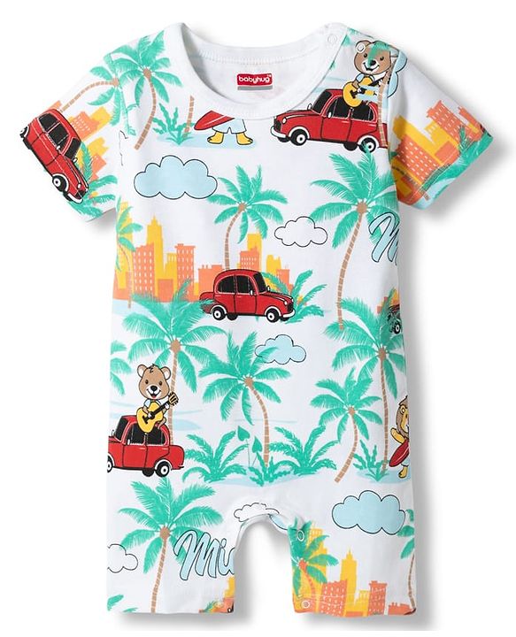 Babyhug 100% Cotton Knit Half Sleeves Rompers with Miami Print Pack of 2 - Multicolor