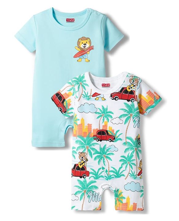 Babyhug 100% Cotton Knit Half Sleeves Rompers with Miami Print Pack of 2 - Multicolor