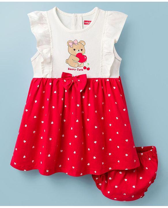 Babyhug Cotton Knit Frock with Bloomers/Shorts, Ruffled Sleeves, Bear Print, Bow Detail Red 0-3 Months